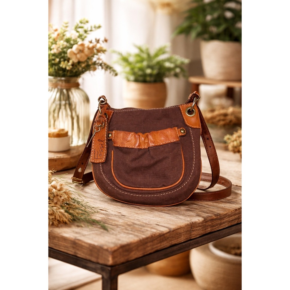 Fossil‎ Brown Canvas and Leather Crossbody Bag Saddle Bag with Striped Lining